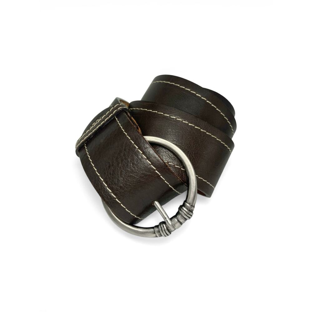 Italian Chocolate Brown Leather Waist Belt Contrast Stitch Statement Buckle Boho
